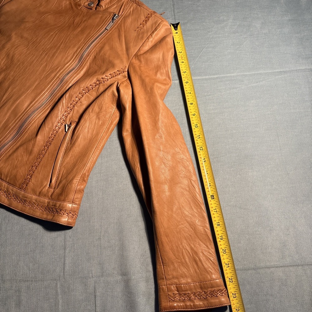Cole Haan Collection Tan Lambskin Leather Whipstitch Moto Jacket Womens Medium - Picture 15 of 16